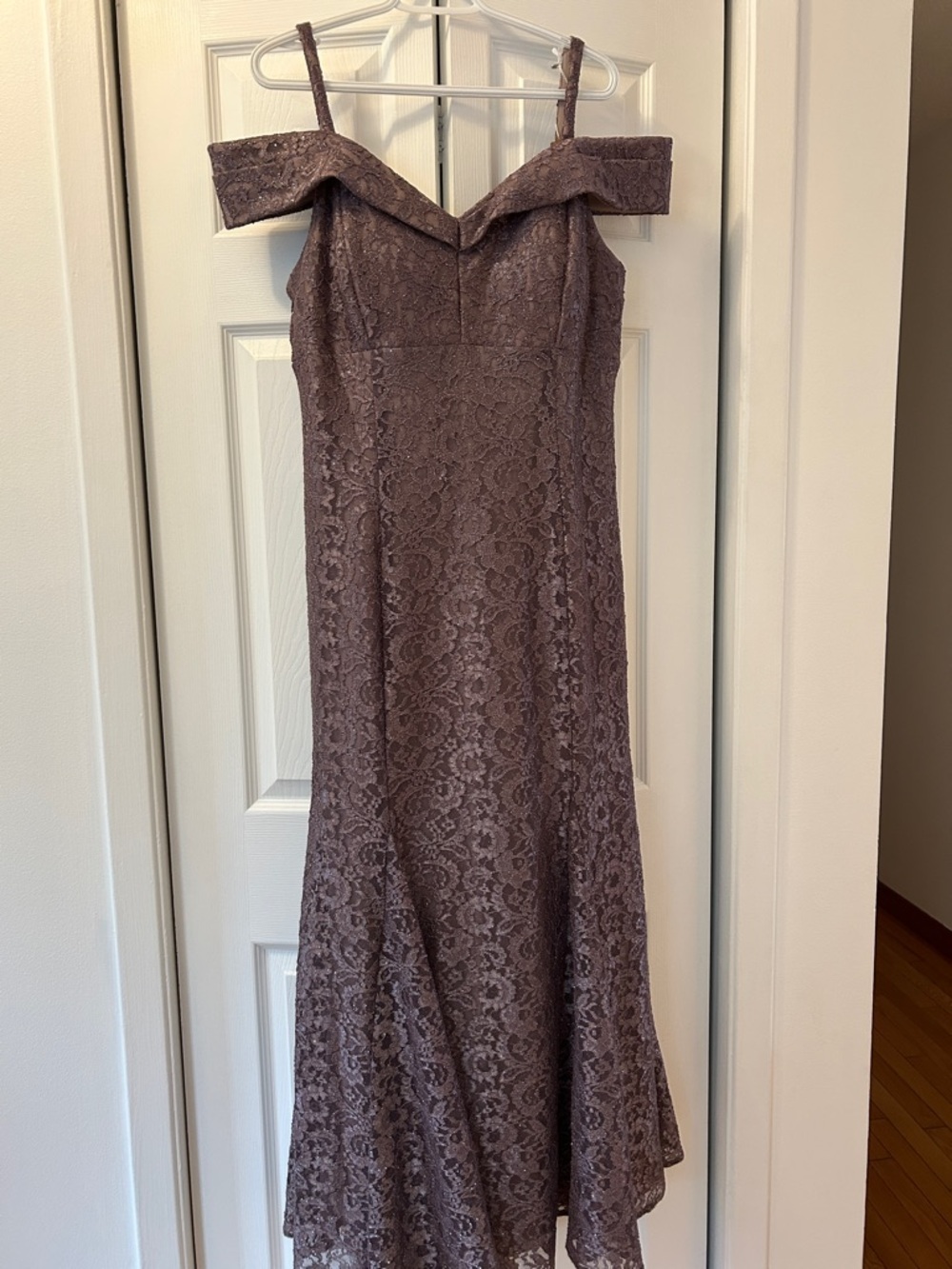 R&M Richards Lace Off Shoulder Evening Gown in Mauve Taupe